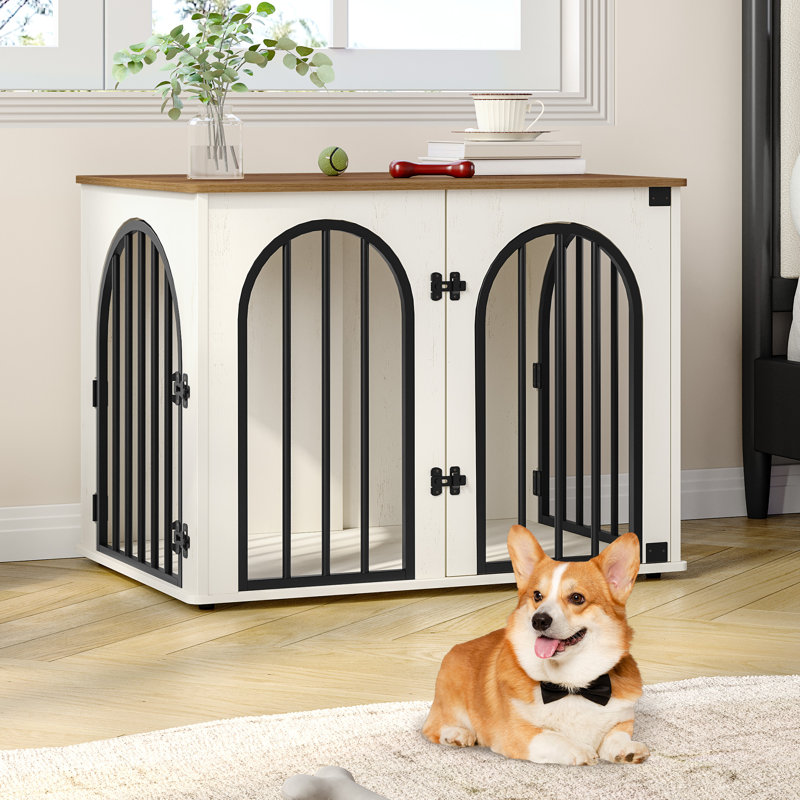 Dog Crate Furniture, 80 cm Wooden Dog Crate, Indoor Kennel for Small/Medium Dogs, End Side Table Animal Crates, Anti-Chew, Anti-Escape, Arched Door Design