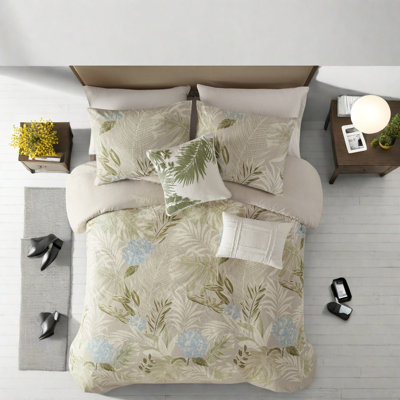 Ensemble de literie en coton 5 pièces Coastal, taupe, style botanique pour chambre à coucher moderne