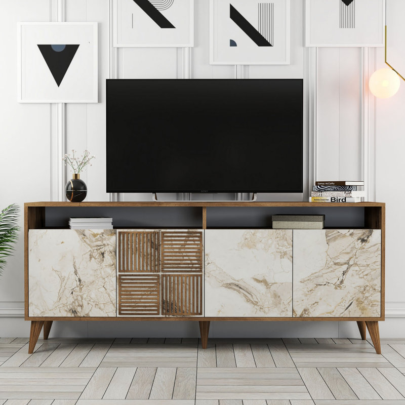 Console Adrius, Noyer, Marbre blanc / noyer, H 30,9 po x l 70,9 po x P 13,8 po