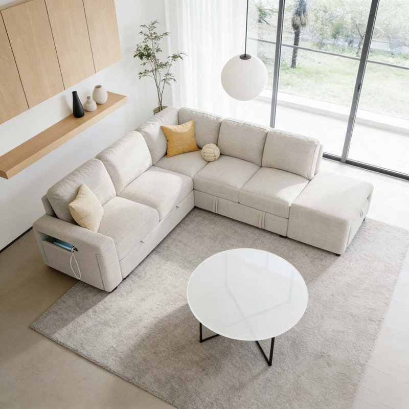 Canapé modulaire rembourré en L avec espace de rangement, Beige