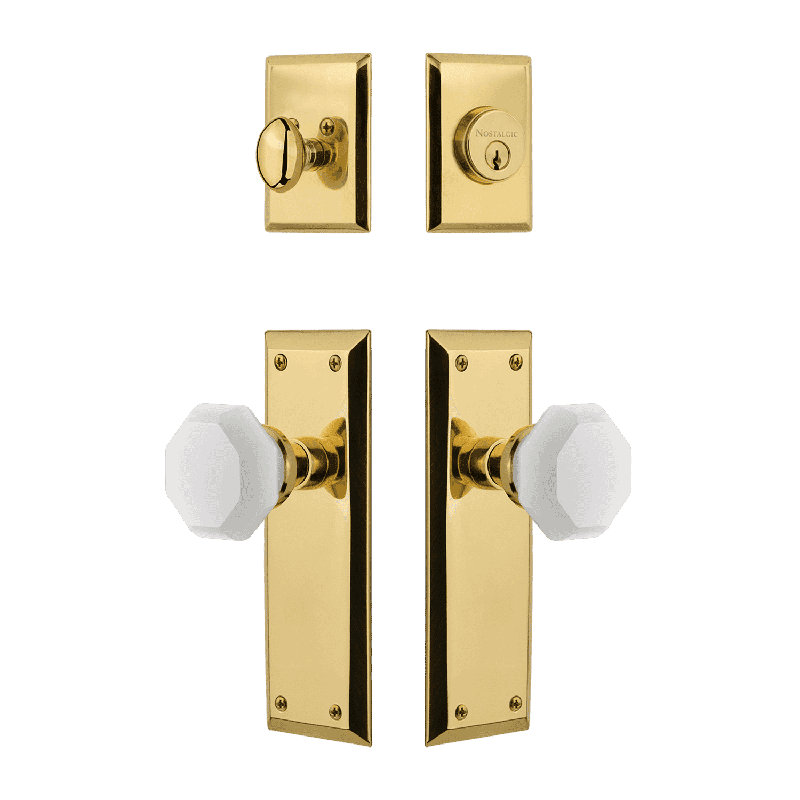 Nostalgic Warehouse New York Entry Set with White Waldorf Crystal Knob, Polished Brass, 2.75