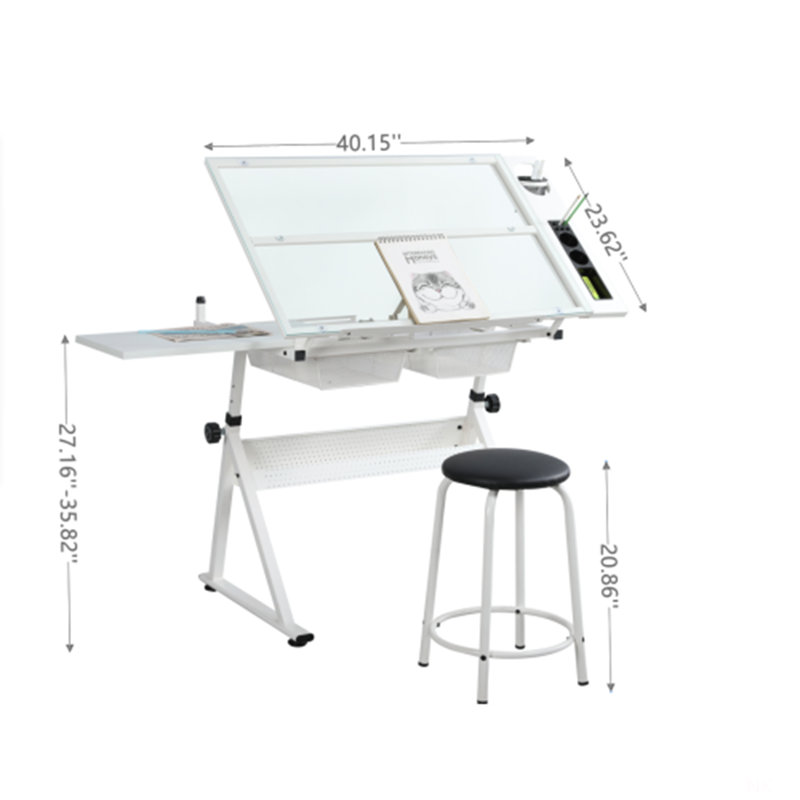 WHITE Table à dessin réglable en verre trempé avec chaise