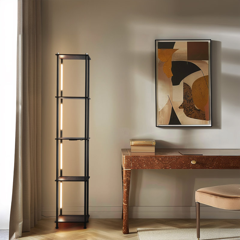 Aria 63 in. 3-Way Dimming LED Shelf Floor Lamp with Built-In Wireless Charging Pad, Matte Black