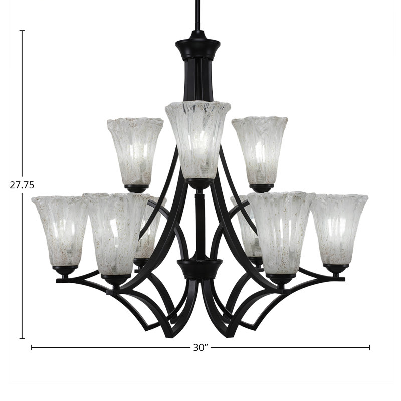 Lustre 9 lumières Zilo présenté en finition granit foncé avec verre cannelé italien de 5,5 po, Noir mat