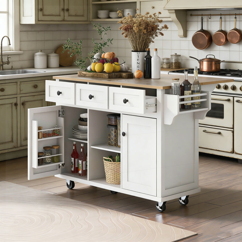 Versatile Kitchen Cart with Drop-Leaf Countertop, Adjustable Storage, and Dual Mobility Options for Modern Homes., White