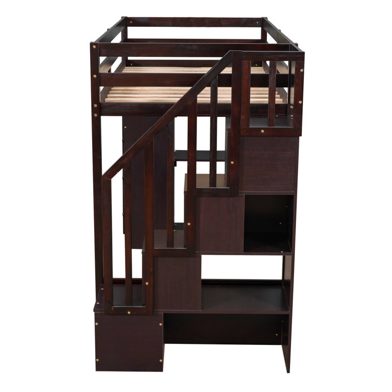 Lit mezzanine avec tiroirs de rangement et lit mezzanine avec tablettes Stairswooden, Tanné