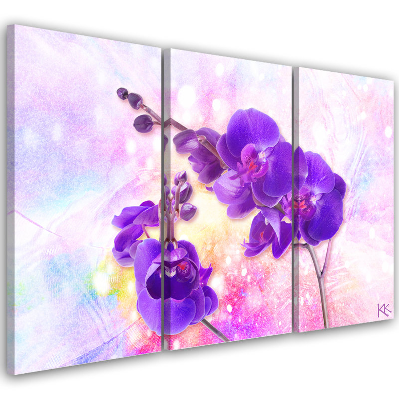 Purple Orchid Flower - 3 Piece No Frame Print on Canvas, 60cm H x 90cm W