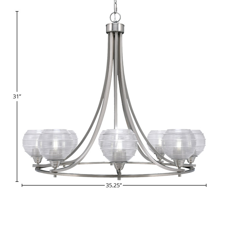 Lustre 8 lumières avec verre nervuré 6 "Paramount, Nickel brossé, Grainé transparent