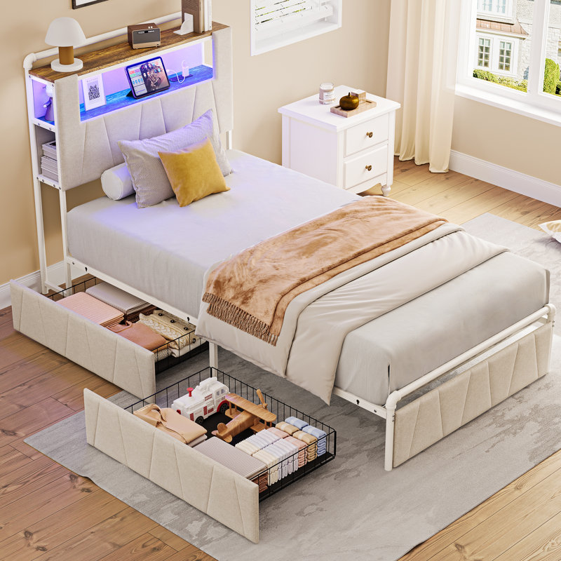 Structure de lit simple avec tête de lit à 2 niveaux, base de lit plateforme en métal avec 2 tiroirs de rangement, station de charge intégrée et DEL, beige