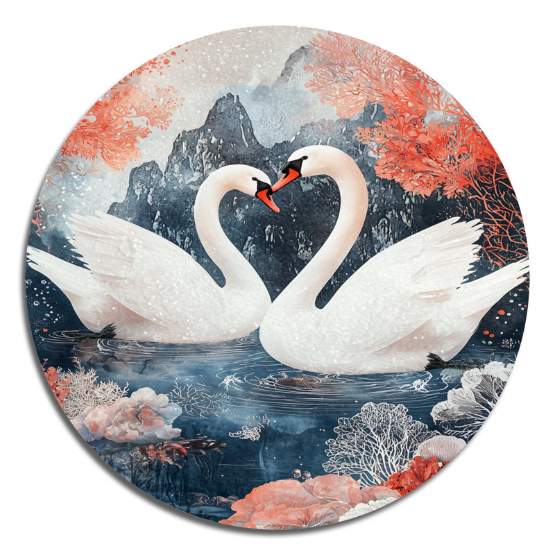 «Two Swans Love Of Elegance I», art mural rond en métal, impression sur métal blanc moderne, H 16 po x l 16 po