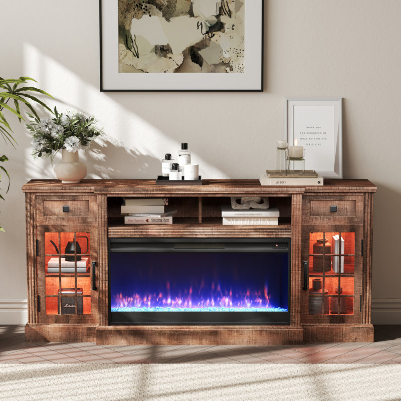 Farmhouse  Fireplace Tv Stand  For Tvs Up To 80" With 36" Electric Fireplace, Large Highboy Entertainment Center With Led Lights, Glass Door Cabinet & Storage Drawer