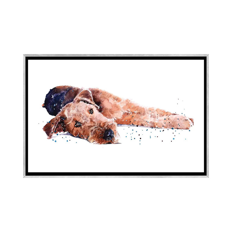 " Airedale I " by EdsWatercolours, No Mat, 18" H x 26" W x 1.5" D, Silver Framed Canvas