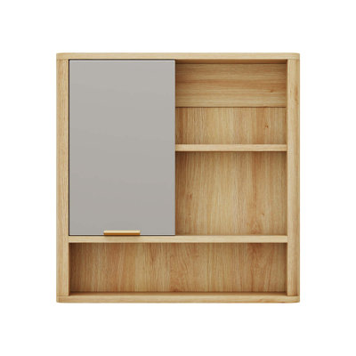 Natural Wood Finish Wall Mounted Mirror Cabinet, MDF Bathroom Storage with Open Shelves & Single Door for Versatile Use