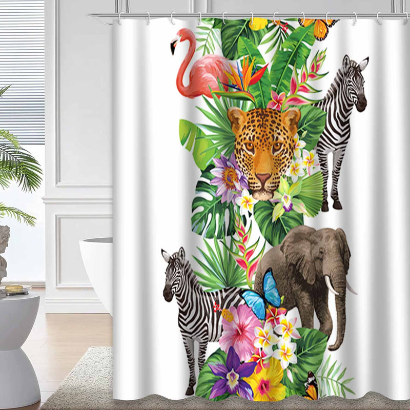 Rideau de douche à bordure tropicale avec feuilles exotiques et fleurs de palmier exotiques avec 12 crochets