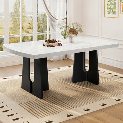 Table de salle à manger 63 pouces moderne en faux marbre avec pieds géométriques, facile à assembler, durable et élégante pour la maison et le bureau