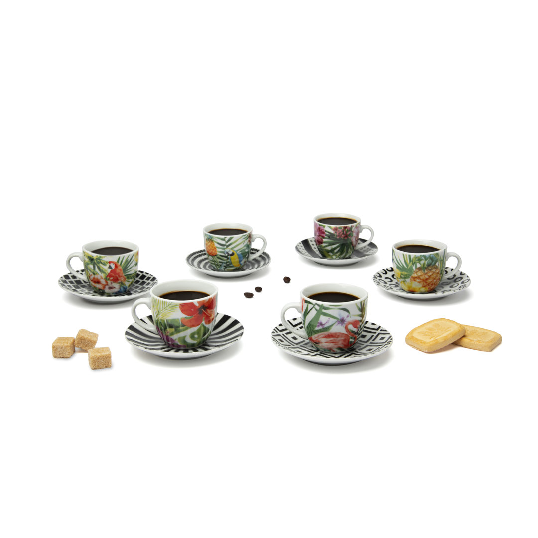 Excelsa set of 6 espresso cups with saucers Tropical Chic porcelain 7 cl