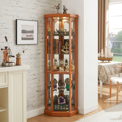 Dark Oak Corner Lighted Curio Cabinet - Glass Display Case with LED Lights for Living Room