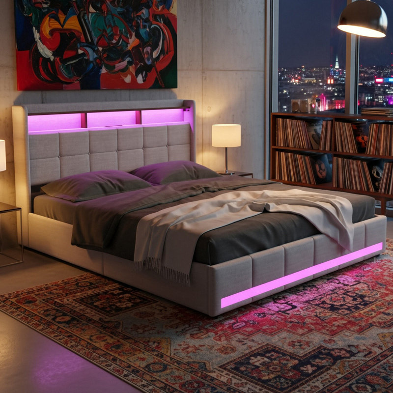 EU Double & King Linen Storage Bed With 4 Drawers & Dual LED Lights, Upholstered Bed Frame With Charging Port, Grey & Beige