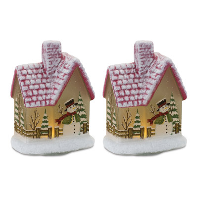 Maison éclairée à DEL avec bonhomme de neige (ensemble de 2)