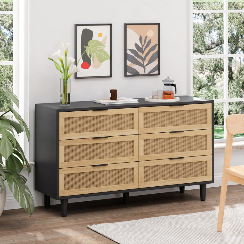 51.18"6-Drawers Rattan Storage Cabinet Rattan Drawer With White Drawer Slides,For Bedroom,Living Room,Black, Black