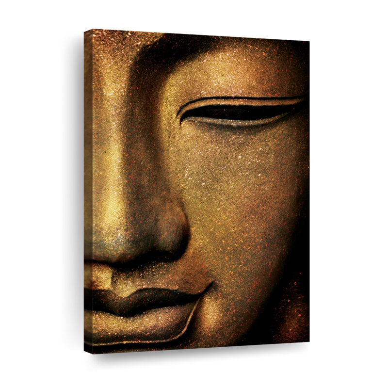Visage de Bouddha doré sur toile, H 48 po x l 32 po x P 1,25 po