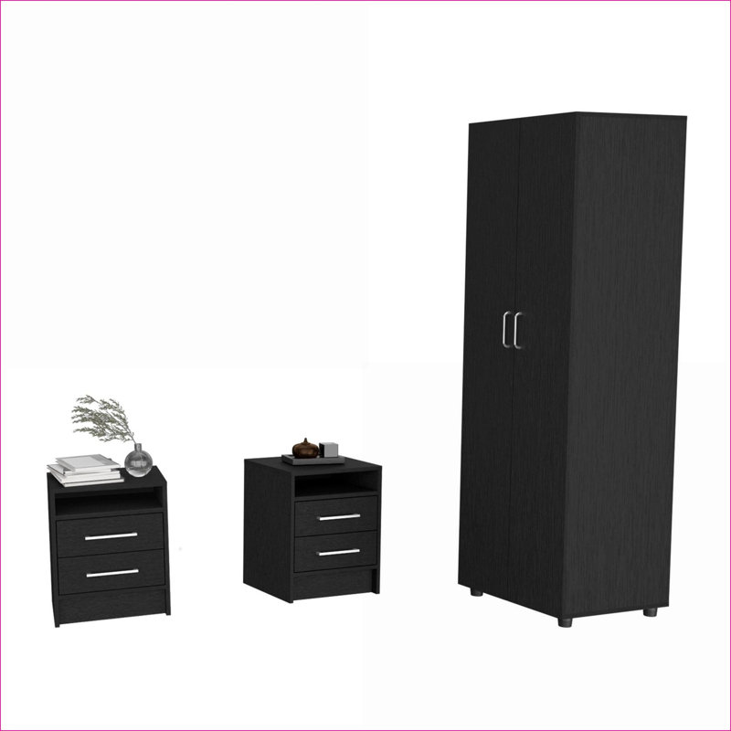 Ensemble de chambre à coucher | Ensemble 3 pièces moderne avec armoire + 2 tables de chevet, finition noire | Noir | Panneau de particules
