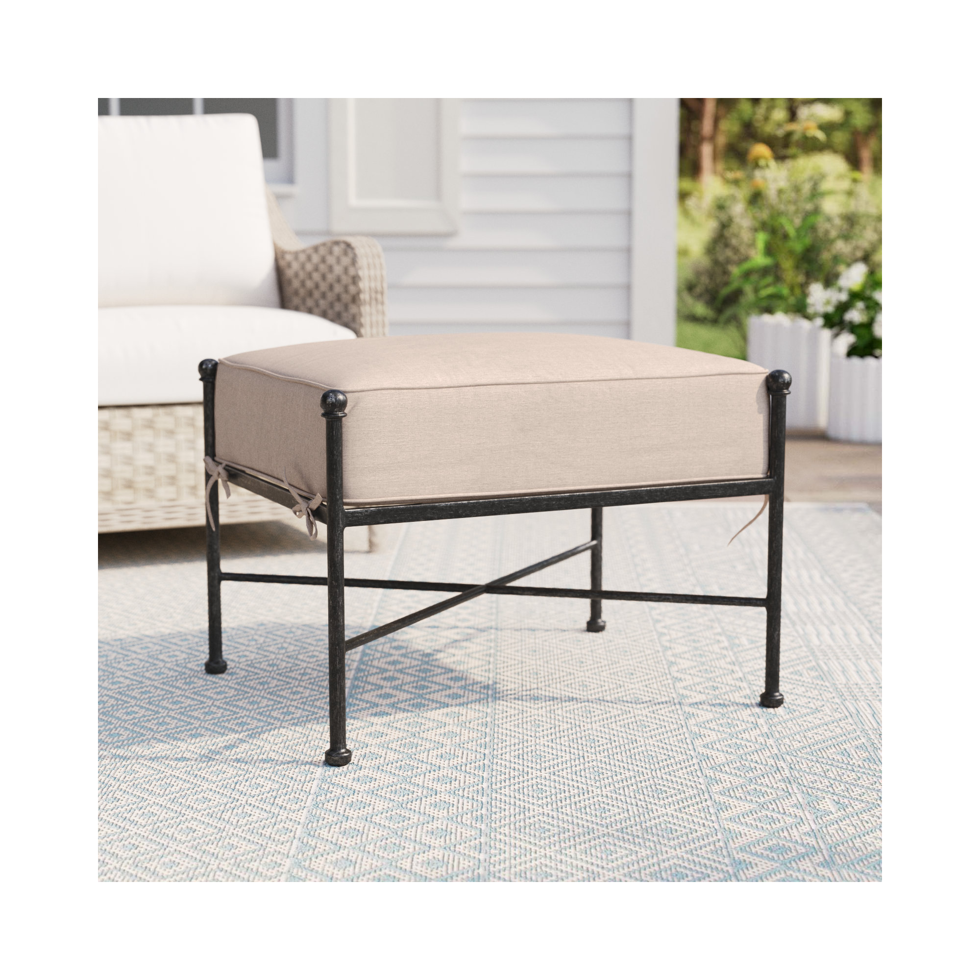 Lucier Upholstered Outdoor Ottoman with Cushion, Canvas Flax