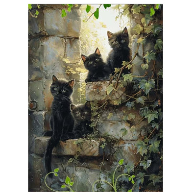 40*28，1pc Black Cat and Kitten Outdoor Stone Wall Canvas Art, Ready to Hang, Suitable for Corridor Art, Office Wall Decoration.