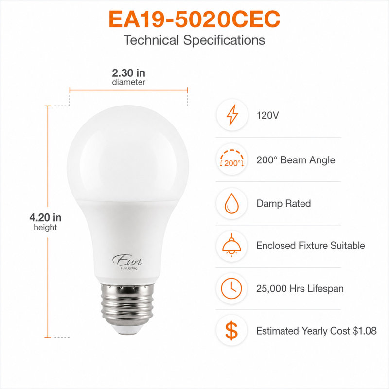 Ampoule DEL Euri Lighting A19, 9 W, 810 lm, équivalent 60 W, 2700 K, culot E26, modulable, CEC/JA8, UL