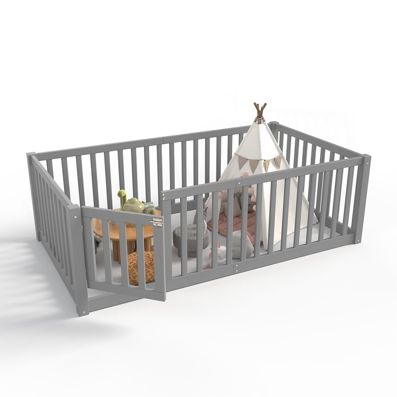 Lit simple avec garde-corps et porte pour enfants, Grey, Lit simple