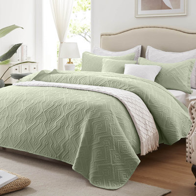 Ensemble de courtepointe 3 pièces pour très grand lit - Couvre-lit léger en microfibre et 2 taies décoratives, motif floral à carreaux vert sauge, surdimensionné 98 x 106 pouces, couvre-lit toutes saisons