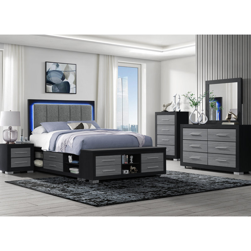 Lit double avec tiroirs de rangement, tête de lit à DEL, bibliothèque, partiellement rembourré, aucun sommier tapissier requis, rangement de style contemporain noir et gris, ressort, design