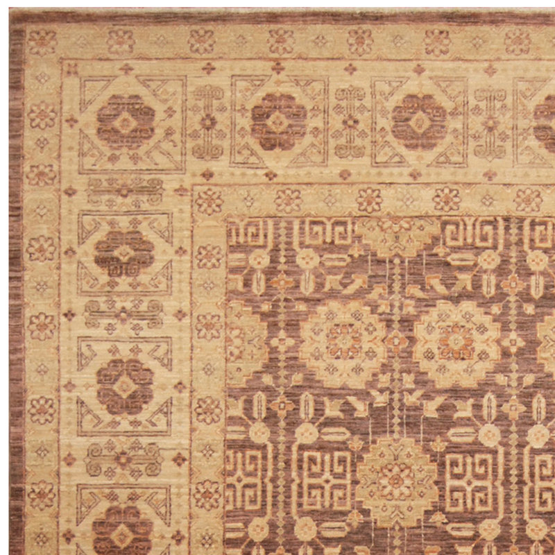 Tapis noué la brun clair/beige 8 pi x 9 pi en laine à la main one-of-kind Avina