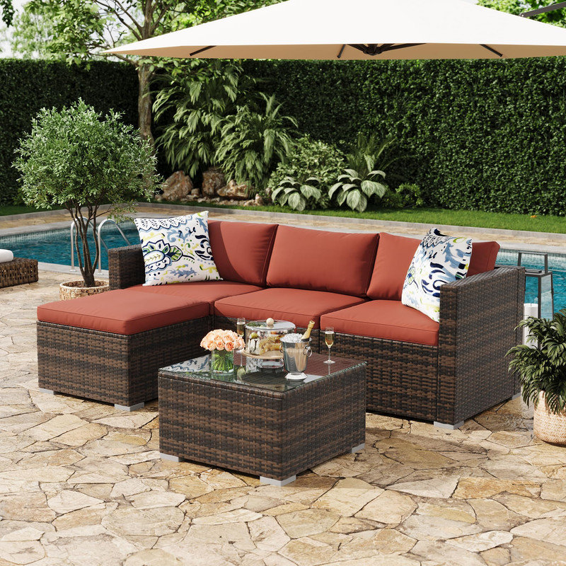 5-Piece L-Shaped Outdoor Conversation Set – Iron Frame, PE Rattan, Glass Top, Grey Gradient with Red Cushions