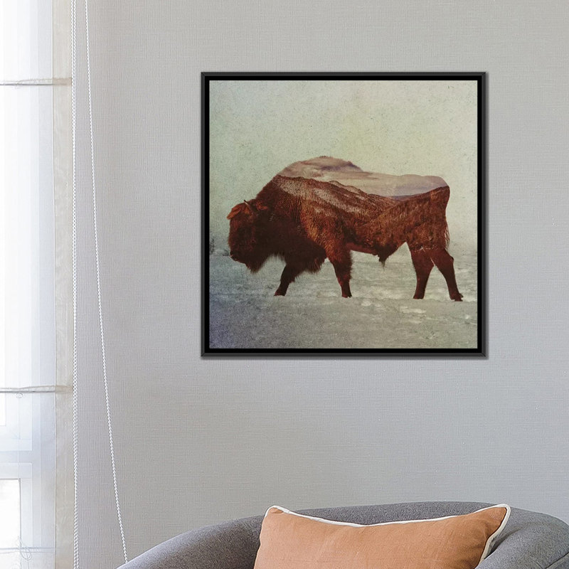 « bison ii », impression sur toile tendue, H 26 po x l 26 po x P 1,5 po, Toile avec cadre noir, Pas de tapis