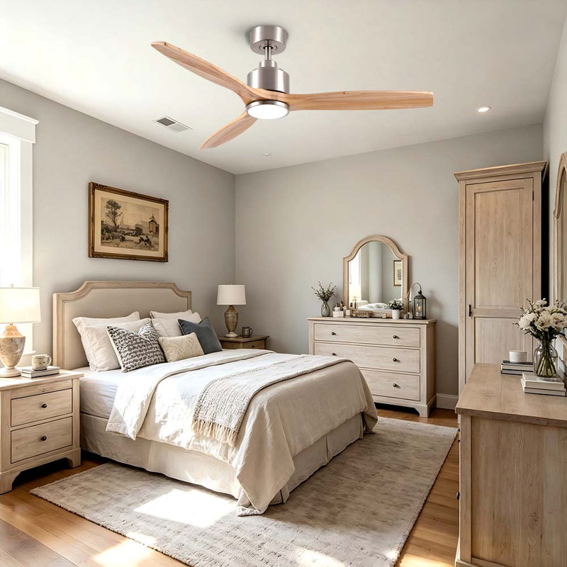 Modern 52" 3-Blades Indoor Brushed Nickel Solid Wood Ceiling Fan With LED Light, Quite DC Motor and Remote Control, 52" Wide