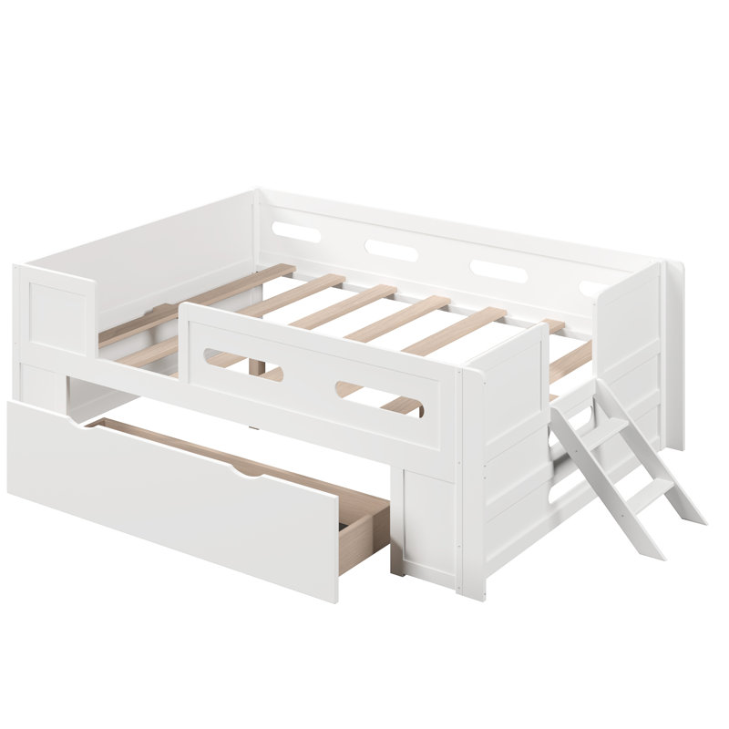 Lit plateforme en bois avec garde-corps et tiroir, Blanc, Double