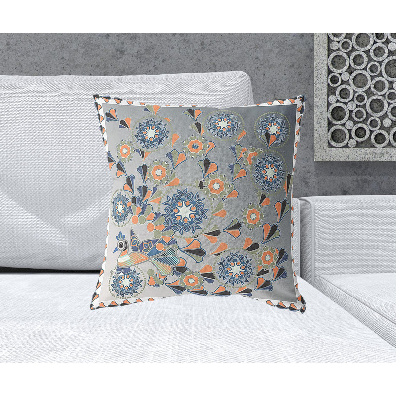 Coussin décoratif 20 po x 20 po à motif floral paon bleu et orange, Gris / blanc