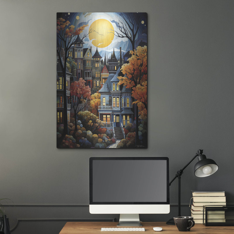 Art mural en métal Winston Porter «Serene Village Under The Moon 4» par Momart, H 36 po x l 24 po