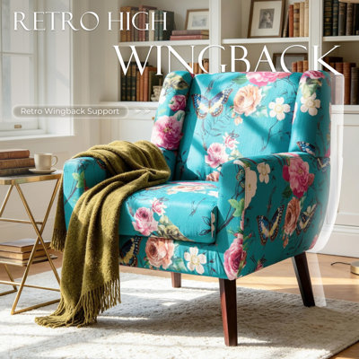 Jaqueze Upholstered Pattern Blue Linen Blend Tufted Wide Back Armchair with Solid Wood Legs