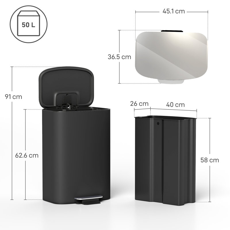 Stainless Steel, Metal Step On Kitchen Trash Can - 50L, Black