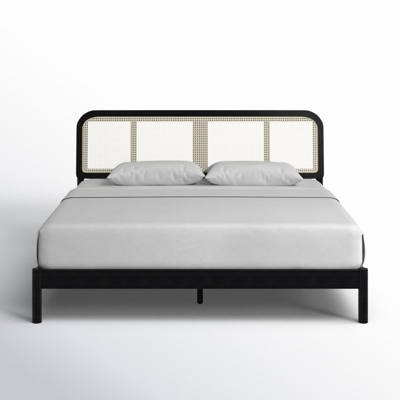 Blomquist Solid Wood Platform Bed with Rattan Inset Headboard, Queen, Black
