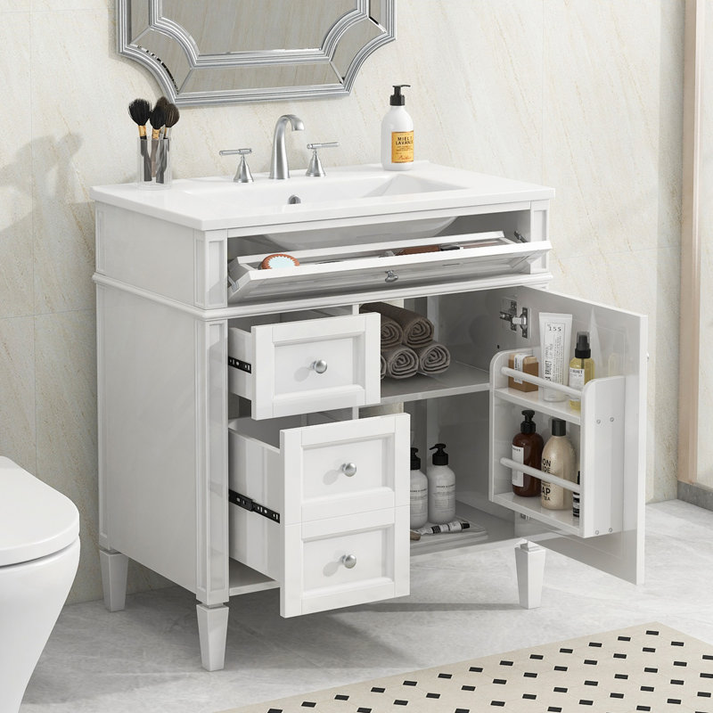 Meuble-lavabo 30 po avec lavabo supérieur, meuble-lavabo moderne avec 2 tiroirs et un tiroir basculant, meuble-lavabo simple