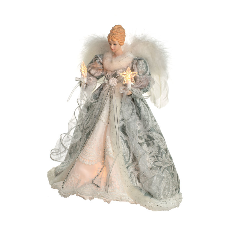 Décoration pour sommet de sapin 10 lumières anges avec plumes moelleuses, H 14 po x l 12 po x p 9 po, Argent