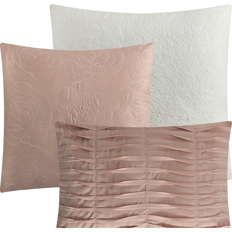Blush Floral Microfiber Queen Comforter Set with Bonus Pillows