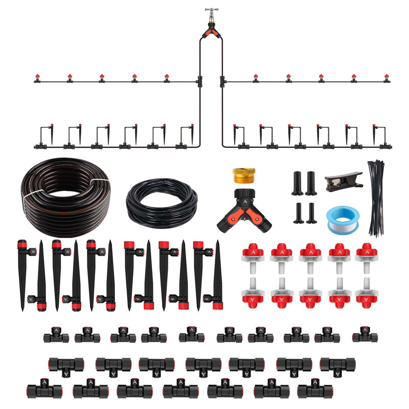 Ensemble de système d'arrosage goutte-à-goutte 100 pi, système d'arrosage de jardin à connexion rapide avec tubes de 1/2 po et 1/4 po, séparateur en Y, 22 émetteurs et buses réglables pour les lits de jardin, serre, cour