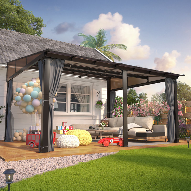 14 ft. W x 12 ft. D Outdoor Polycarbonate Hardtop Gazebo, Wall-Mounted Aluminum Frame Gazebo with Slope Roof