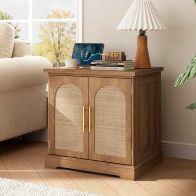 24" End Table with Charging Station Square Nightstand with Adjustable Storage Shelf