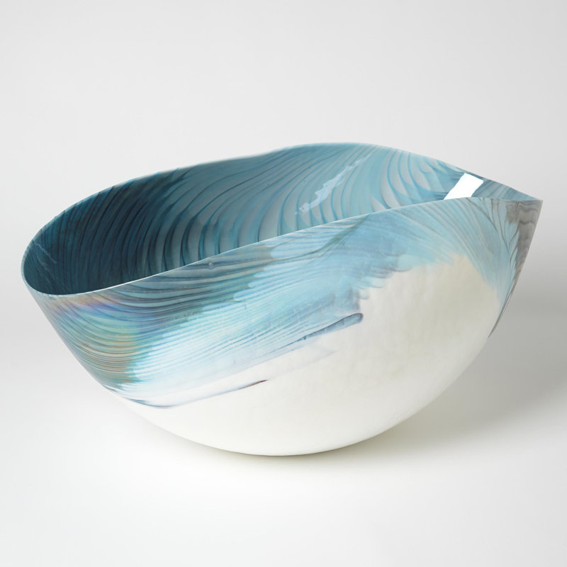 Ivory Turquoise Feather Swirl Oval Bowl-Lg