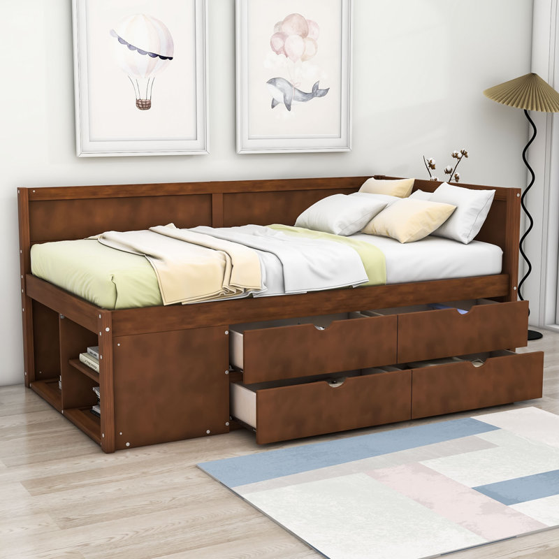 Kouta Wood Daybed with Drawers and Shelves, Walnut, Twin
